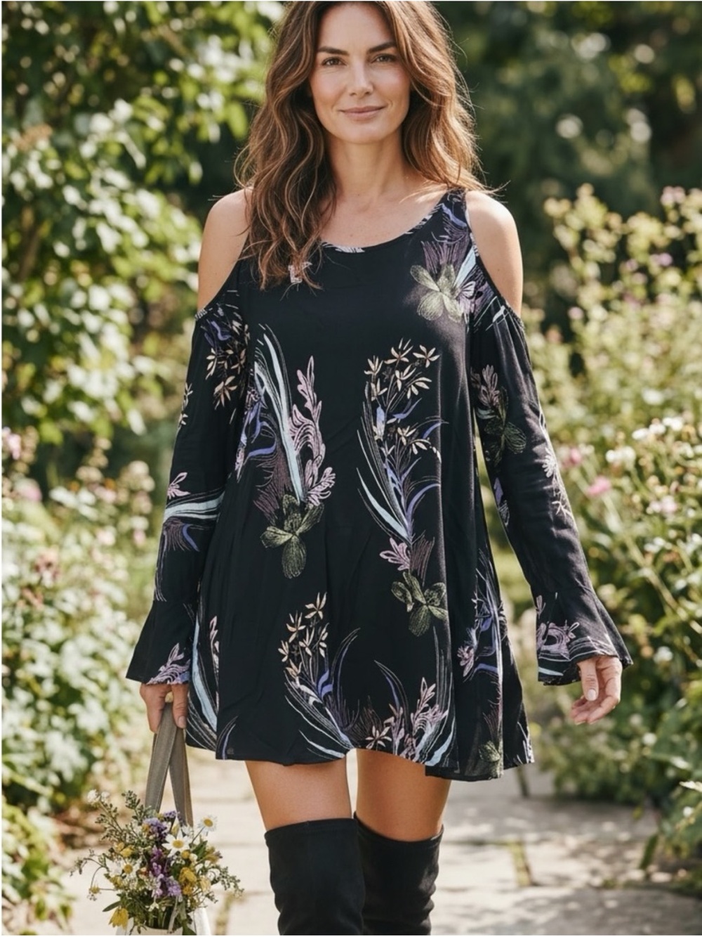 Free People Clear Skies Cold Shoulder Tunic Mini Dress Black